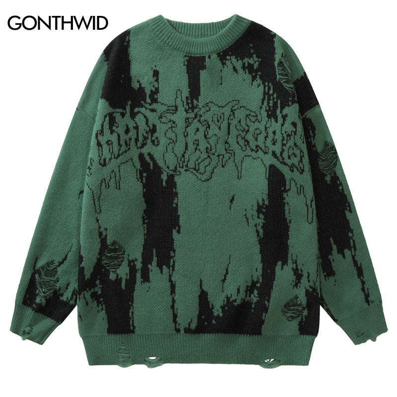 Velour Arc Ripped Sweaters - Vintage Grunge Streetwear