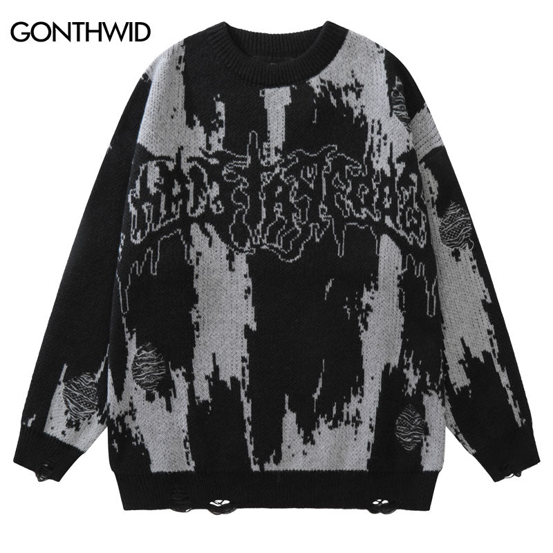 Velour Arc Ripped Sweaters - Vintage Grunge Streetwear