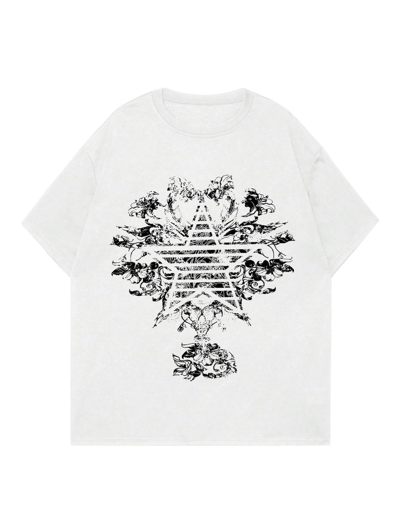 Velour Arc Graphic Tees Star Floral Print T Shirt Top White Star