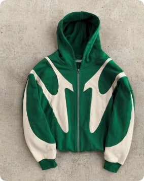 Velour Arc Pattern Stitching Hooded Zipper Cardigan