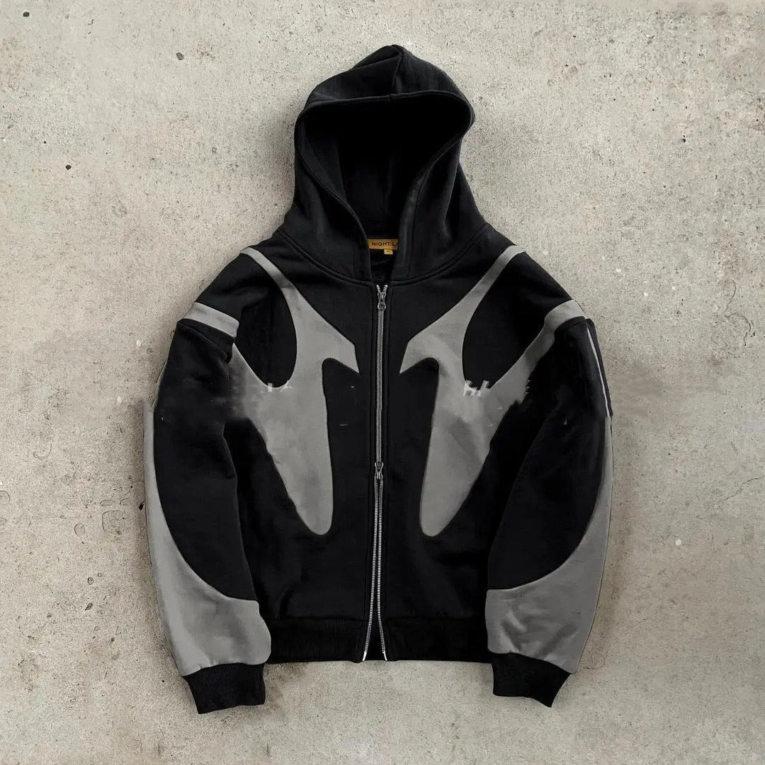 Velour Arc Pattern Stitching Hooded Zipper Cardigan