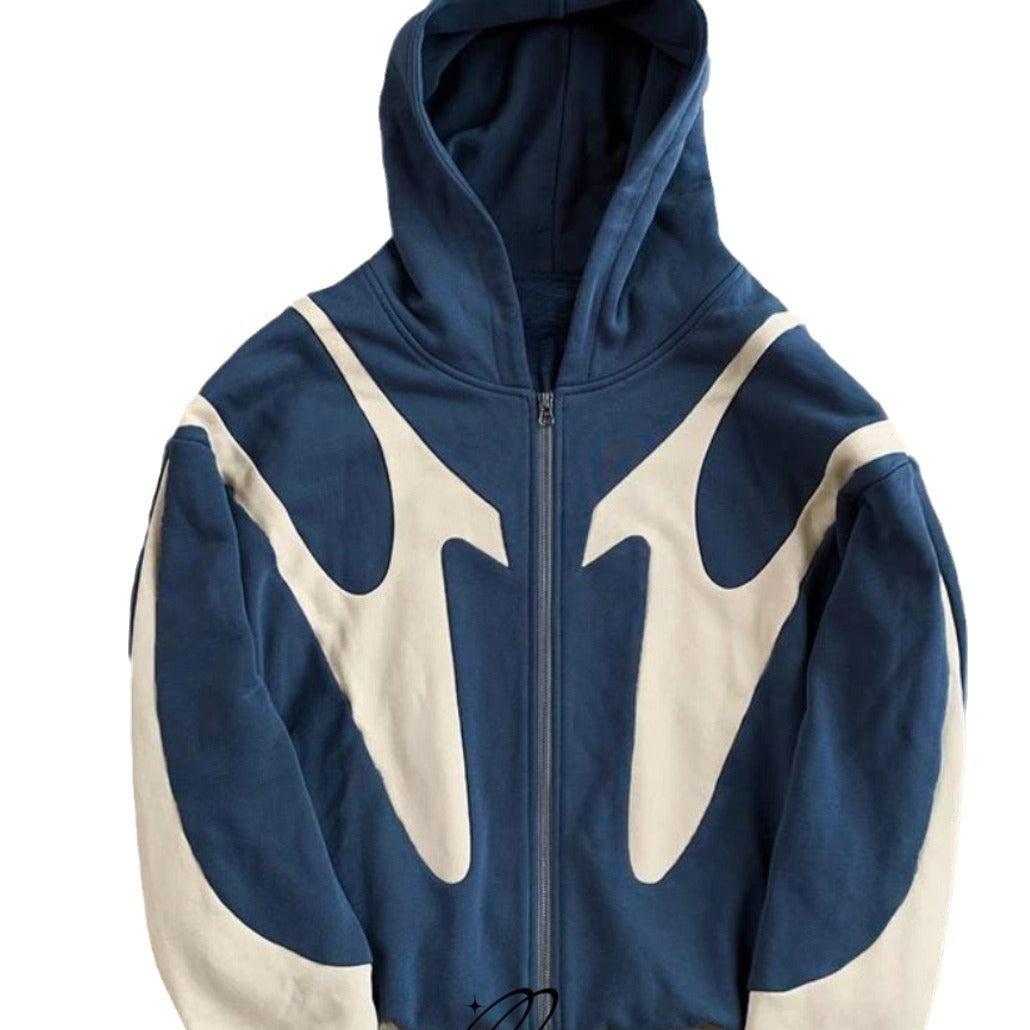 Velour Arc Pattern Stitching Hooded Zipper Cardigan