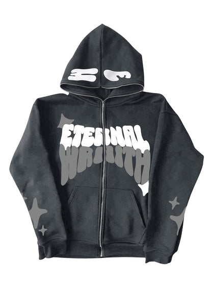 Velour Arc Mens Full Zip Hoodie Graphic Lettter Print Long Sleeve Fashion Jacket Hooded Sweatshirt Grey