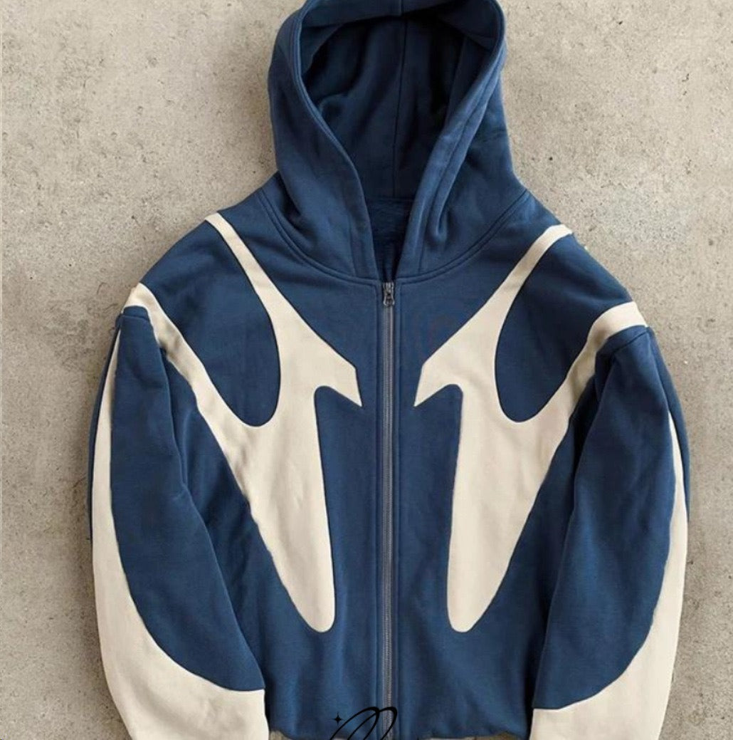 Velour Arc Pattern Stitching Hooded Zipper Cardigan